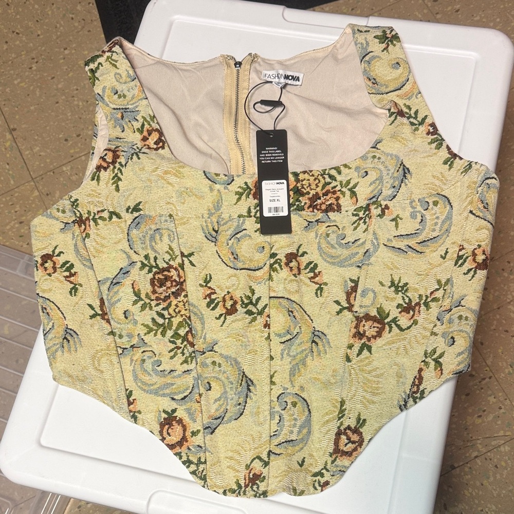 Fashion Nova Yellow Floral Brocade Corset Tank Top